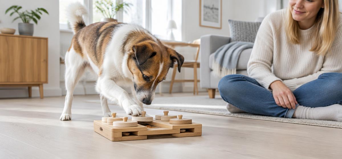 Hund som löser ett aktiveringsspel hemma